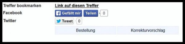 Direktlink, Schaltflächen „Bestellung“ und „Korrekturvorschlag“ sowie Möglichkeiten des Teilens via Facebook oder Twitter.