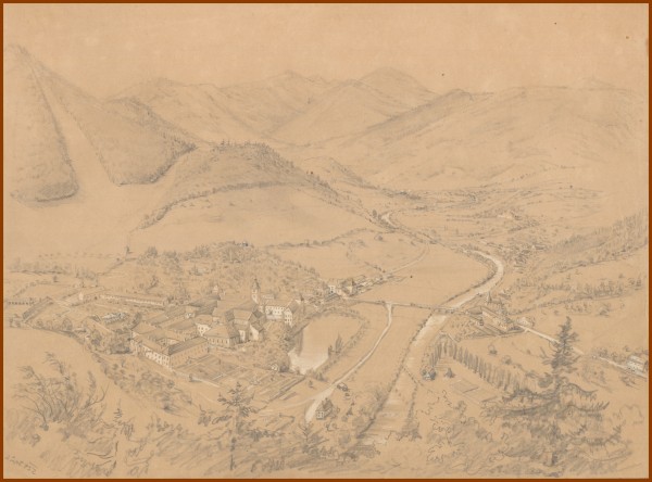 NÖLB Kolorierte Umrissradierung, 26,7 x 41,3 cm (Blatt 33,0 x 44, 2 cm).