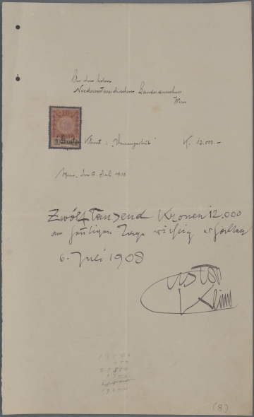 NÖLA Rechnung auf der Gustav Klimt den Erhalt von 12.000 Kronen bestätigt.